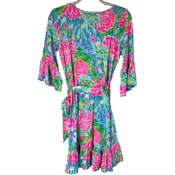 Lilly Pulitzer Dress Kassi Zanibar Blue Bunny Ruffled Faux-Wrap Dress Size S - Picture 4 of 10